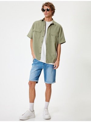 Koton Slim Fit Kot Şort Bermuda Katlama Paçalı Düğme Detaylı