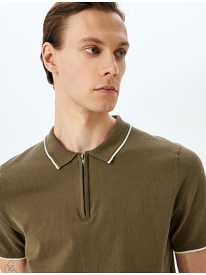 Koton Yarım Fermuarlı Yaka Detaylı Pamuklu Kısa Kollu Triko Kazak