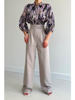 Gökyüzü Moda Beli Lastikli Saten Gömlek - Lila