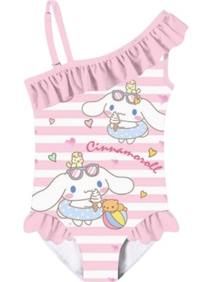 Petityu My Melody Cinnamoroll Pembe Beyaz Çizgili Fırfırlı Mayo