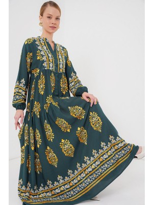 Gökyüzü Moda 2423 Otantik Desenli Tesettür Elbise - Yeşil 7