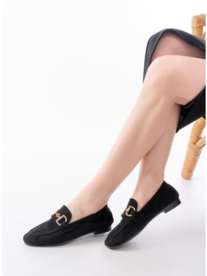 Siyah Süet Toka Aksesuarlı Günlük Kadın Babet