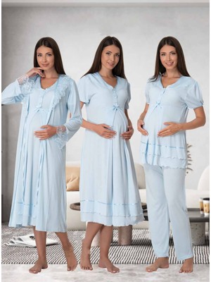 Dvina Effortt Lohusa 4'lü Set - Sabahlık/pijama Takımı/gecelik Mavi - 8026