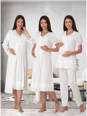 Dvina Effortt Lohusa 4'lü Set - Sabahlık/pijama Takımı/gecelik Ekru - 8026