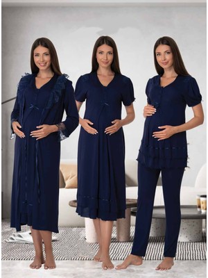 Dvina Effortt Lohusa 4'lü Set - Sabahlık/pijama Takımı/gecelik Lacivert - 8026