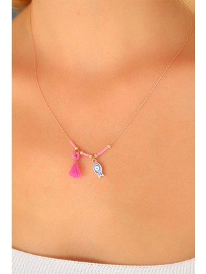 Nazar Boncuklu Pembe Renk Taşlı Rose Bayan Kolye