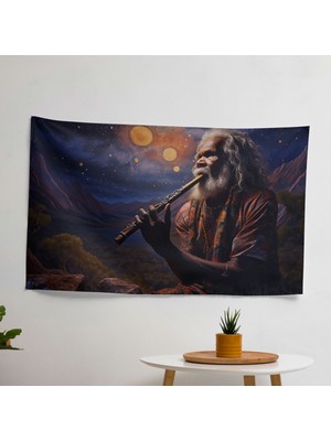 Didgeridoo Oynayan Aborijin Yaşlı Duvar Örtüsü - Canlı Süblimasyon Baskı,  Pamuk Sırt,
