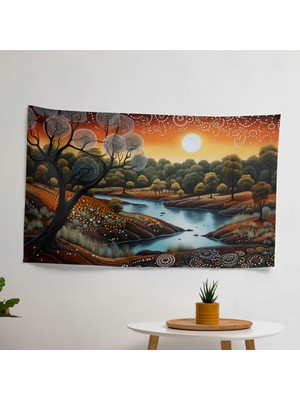 Aborijin Nokta Boyama Süblimasyon Baskı Duvar Örtüsü - Ranforce Kumaş, Canlı Renkler, Yatak