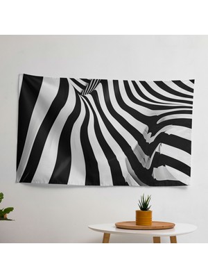 Siyah ve Beyaz Çizgili Soyut Sanat Duvar Örtüsü - Canlı Renklere Sahip Ranforce Kumaş, Süblimasyon