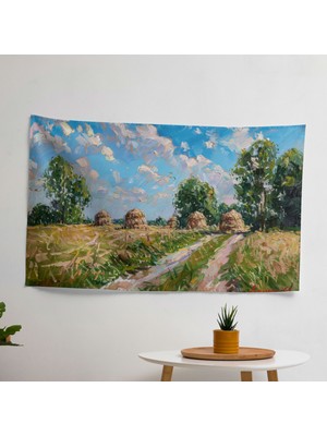 Claude Monet'ten Esinlenen Pastoral Manzara Duvar Örtüsü -  Pamuk Sırt, Canlı Renkler,