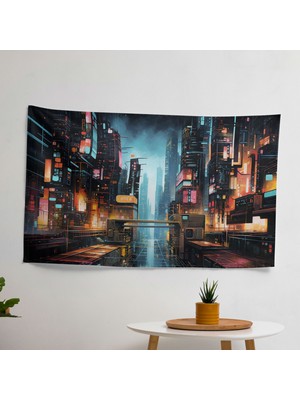 Fütüristik Kentsel Grafiti Şehir Manzarası Duvar Örtüsü - Canlı Renkler, Süblimasyon Baskı,