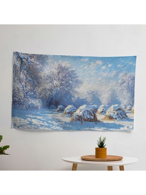 Kış Saman Yığınları Claude Monet Duvar Sanatı - Ranforce Kumaşlı Dekoratif Kumaş Duvar Asma