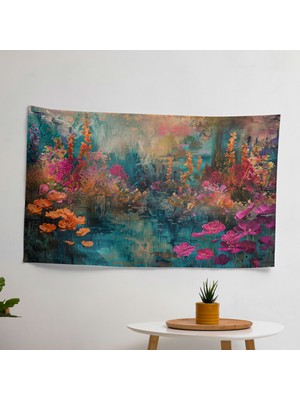 Çiçek Açan Çiçek Bahçesi Claude Monet Duvar Örtüsü -  Pamuk Sırt, Polyester Ön - Canlı