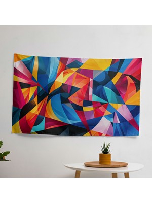 Geometrik Soyut Sanat  Duvar Örtüsü - Süblimasyon Baskılı Canlı Ranforce Kumaş - Hafif Yatak