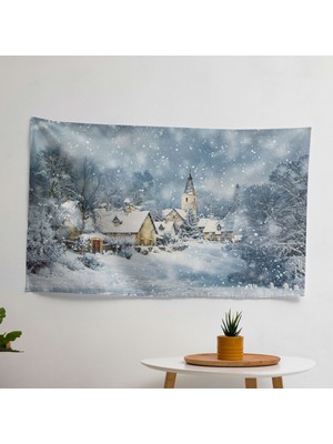 Winter Village Claude Monet Duvar Örtüsü -  Pamuk Sırtlı, Ranforce Kumaş, Süblimasyon