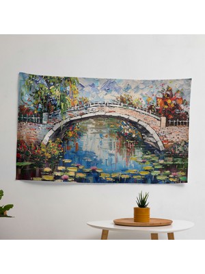 Empresyonist Claude Monet Köprüsü Sahne Duvar Örtüsü -  Pamuk Sırtlı, Canlı Renkler