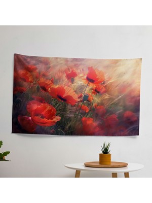 Empresyonist Haşhaş Tarlası Duvar Örtüsü -  Pamuk Sırt, Ranforce Kumaş, Canlı Renkler