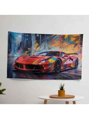 Grafiti Tarzı Ferrari Duvar Duvar Örtüsü -  Pamuk Sırt - Süblimasyon Baskı - Canlı Renkler
