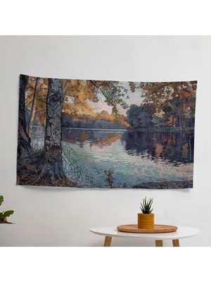 Sakin Göl Kenarı Manzaralı Noktacılık Duvar Örtüsü - Canlı Renkler,  Pamuk Sırt - Yatak