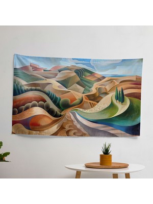 Pablo Picasso Tarzı Manzara Duvar Örtüsü -  Pamuk Sırt, Polyester Ön - Canlı Renkler,