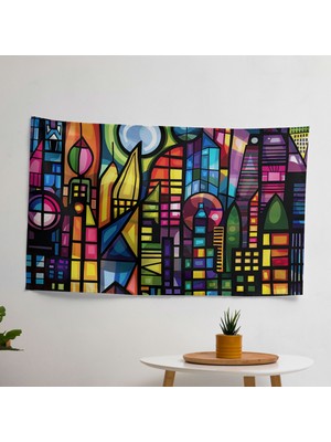 Şehir Manzarası Geometri  Duvar Örtü - Canlı Renklerle Modern Sanat Dekoratif Kumaş Duvar