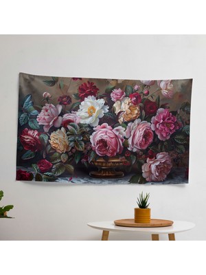 Gösterişli Çiçek Natürmort Rokoko Tarzı Duvar Örtüsü -  Pamuk Sırtlı, Canlı Renkler