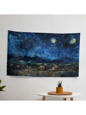 Yıldızlı Gece Duvar Örtüsü -  Pamuk Arka, Polyester Ön - Canlı Renkler, Süblimasyon Baskı