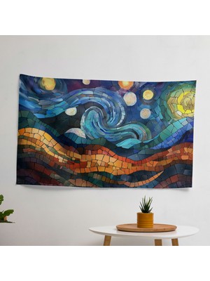 Yıldızlı Gece Gökyüzü Kumaş Duvar Örtüsü - Ranforce Kumaş, Canlı Renkler - Yatak Odası, Oturma