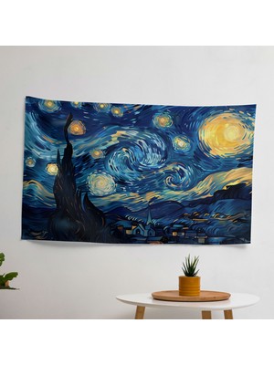 Vincent Van Gogh Yıldızlı Gece Baskılı Duvar Örtüsü -  Pamuk Sırt, Ranforce Kumaş, Süblimasyon