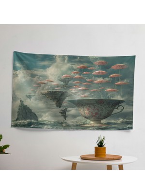 Sürrealizm Dev Çay Fincanı Duvar Örtüsü -  Pamuk Arka, Polyester Ön - Canlı Renkler, Hafif