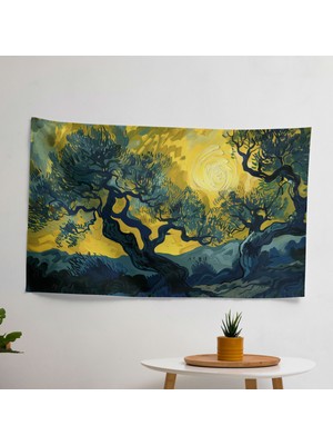 Vincent Van Gogh Zeytin Ağaçları Duvar Örtüsü -  Pamuk Sırt, Polyester Ön - Canlı Renkler,