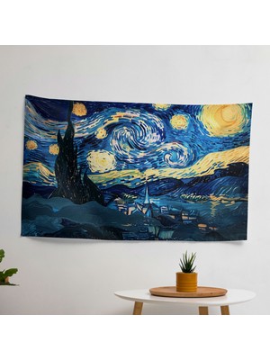 Vincent Van Gogh Yıldızlı Gece Duvar Örtüsü -  Pamuk Sırt, Polyester Ön - Canlı Renkler