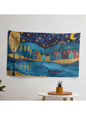 Modern Sanat Yıldızlı Gece Köyü Duvar Örtüsü -  Pamuk Sırtlı, Polyester Ön - Canlı Süblimasyon