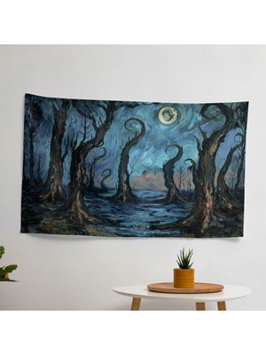 Ayışığı Servi Ağaçları Van Gogh Duvar Örtüsü -  Pamuk Sırtlı, Canlı Renkler, Süblimasyon