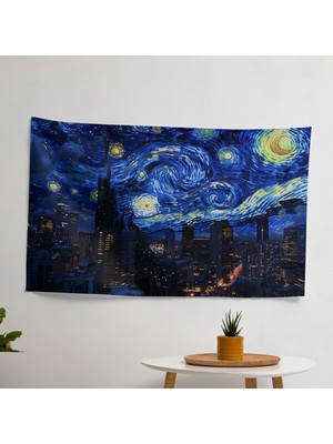 Van Gogh'tan Esinlenen Şehrin Üzerinde Yıldızlı Gece Duvar Örtüsü -  Pamuk Sırt, Canlı