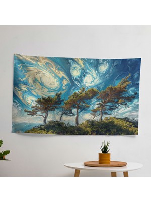 Dönen Selvi Ağaçları Vincent Van Gogh Duvar Örtüsü -  Pamuk ve Polyester Kumaş, Canlı