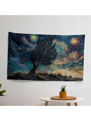 Vincent Van Gogh Yıldızlı Gece Selvi Duvar Örtüsü - Ranforce Kumaş - Canlı Süblimasyon Baskı,