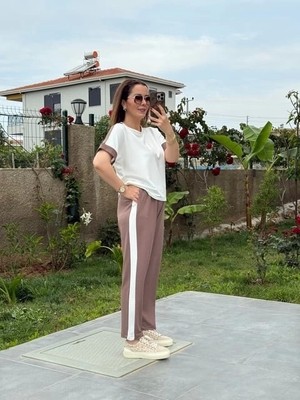 Defy Moda Kadın Modal Dokulu Kumaş Yanı Şeritli Takım