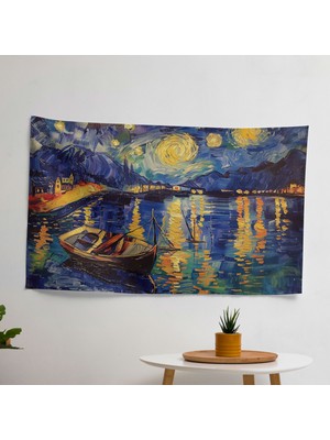 Vincent Van Gogh'dan Ilham Veren Yıldızlı Gece Duvar Örtüsü -  Pamuk Sırt - Canlı Süblimasyon