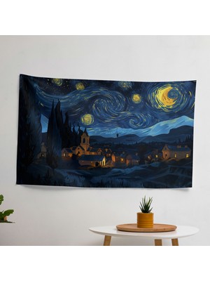 Yıldızlı Gece Köyü Duvar Örtüsü -  Pamuk Sırtlı Süblimasyon Baskı