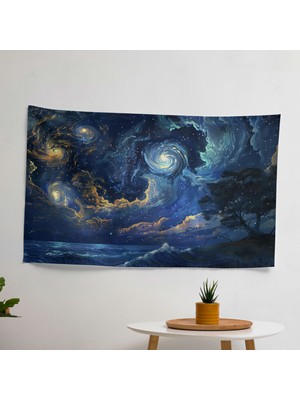 Yıldızlı Gece Bulutları Van Gogh Duvar Örtüsü -  Pamuk Sırtlı, Süblimasyon Baskı - Yatak