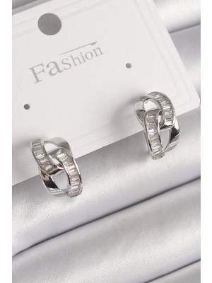 Pirinç Gümüş Renk Zirkon Taşlı Zincir Model Kadın Küpe - TJ-BKP9793