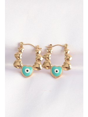 316L Çelik Gold Renk Mavi Nazarlı Kalpli Model Küpe - TJ-BKP8948