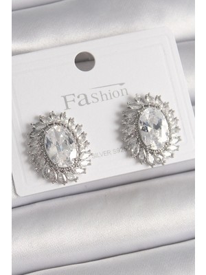 Pirinç Gümüş Renk Zirkon Taşlı Kadın Küpe - TJ-BKP9926