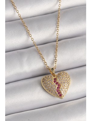 316L Çelik Gold Renk Zincir Zirkon Taşlı Kalp Model Kadın Kolye - TJ-BKO9644