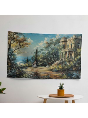 Rokoko Tarzı Romantik Bahçe Sahnesi Duvar Örtüsü -  Pamuk Sırtlı, Süblimasyon Baskı, Canlı
