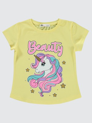 Civil Girls Kız Çocuk Tişört 2-5 Yaş Açık Sarı Normal Kol Pamuklu Eğlenceli Unicorn Tasarımlı