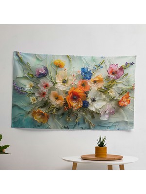 Monet'ten Esinlenen Çiçek Buketi Duvar Örtüsü -  Pamuk Sırt, Polyester Ön - Canlı Renkler,