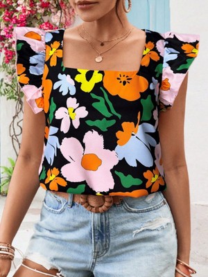 La Mode Istanbul Kadın Kısa Fırfır Kollu Kare Yaka Çiçek Desenli Ithal Keten Bluz