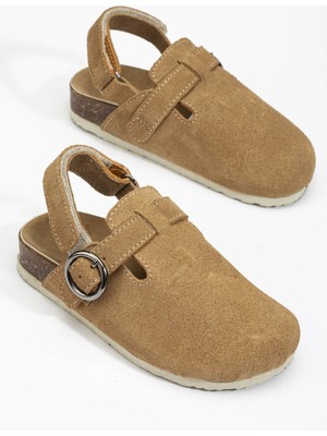 Beybium Sabo Gerçek Süet Deri Mantar Taban Çocuk Sandalet Vizon